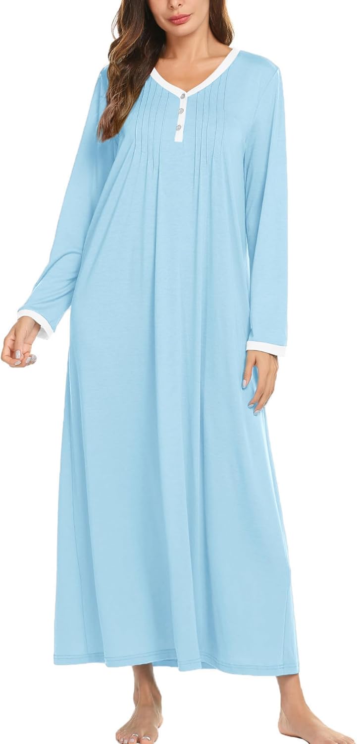 Ekouaer Cotton Nightgowns for Women Long Sleeve Nightgown Full Length Night Gown Soft Comfy Nightdress Button Sleep Shirts