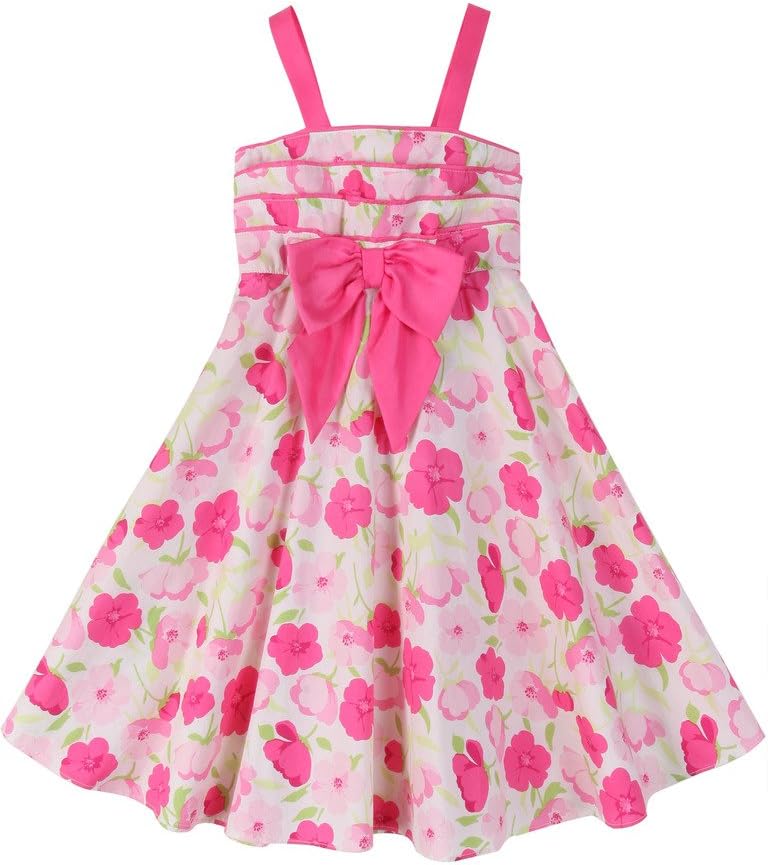 Girls Summer Sleeveless Vintage Pink Floral Print Swing Party Dresses