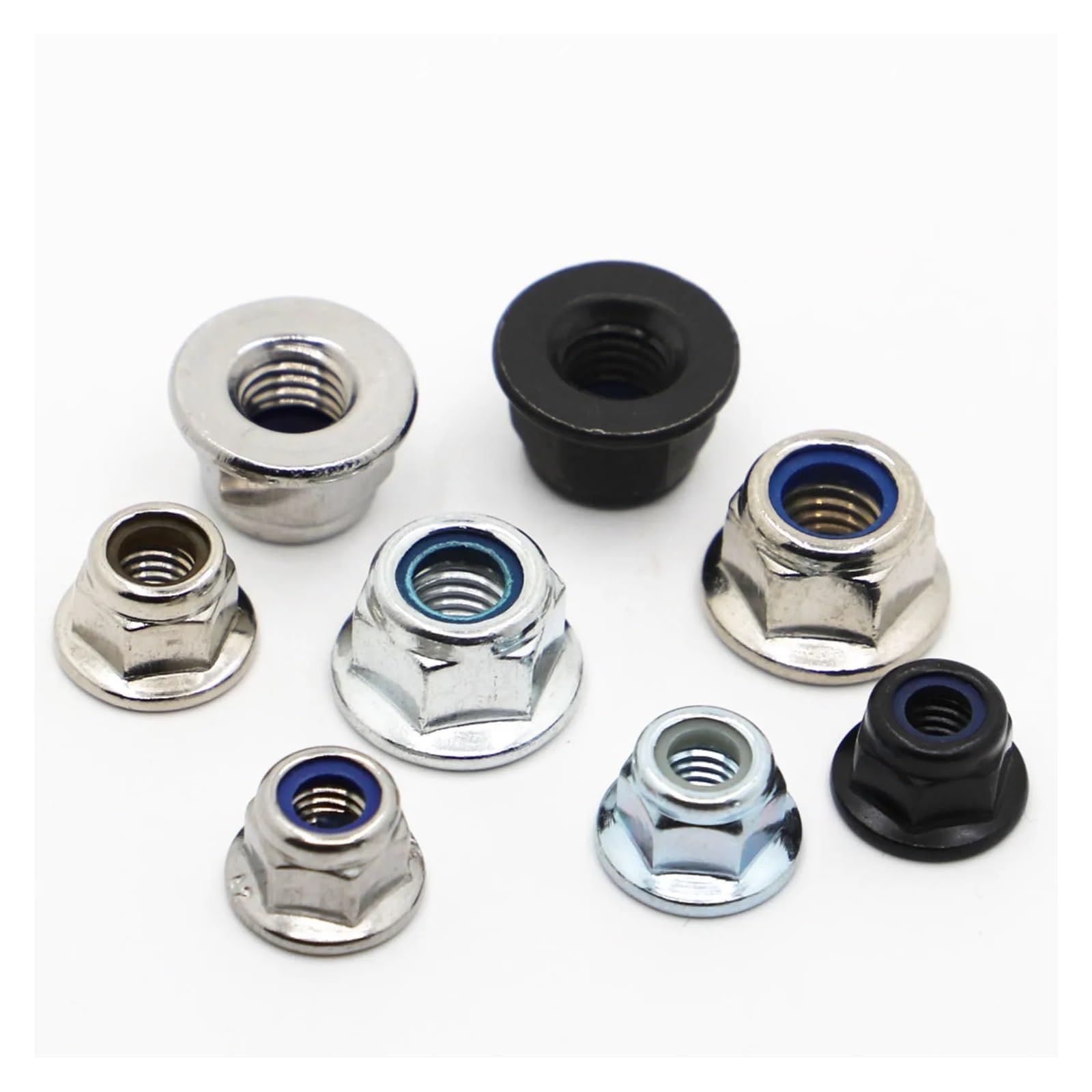 Tuercas Contratuercas Tuerca de sujeción, M3 M4 M5 M6 M8 M10 M12 Negro Blanco Níquel al carbono A2 Brida hexagonal de acero inoxidable Tuerca de bloqueo de inserción de nylon Contratuerca autoblocante
