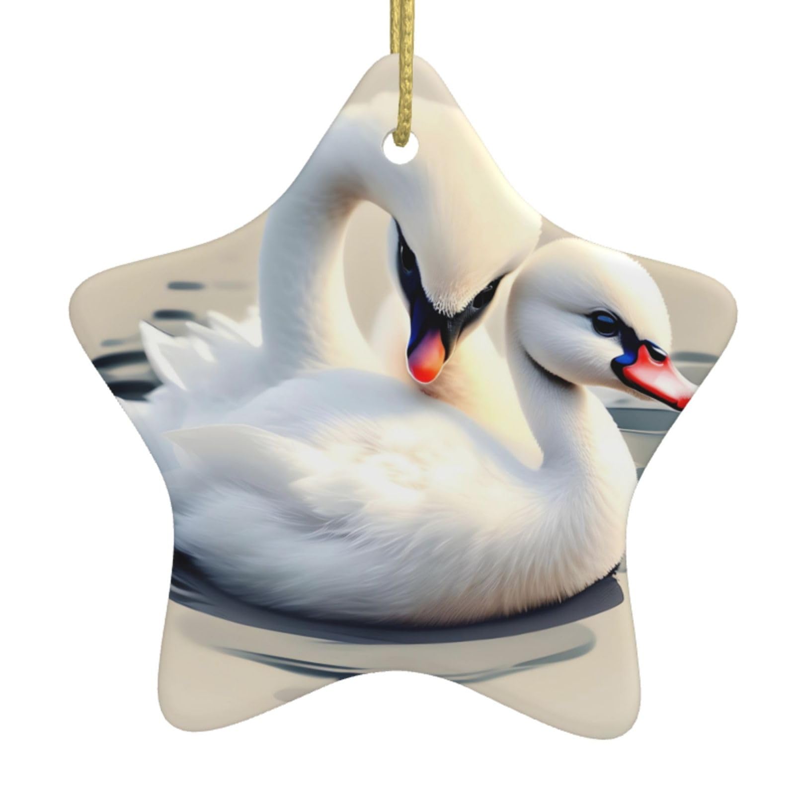 Cute Little swan Christmas Ceramic Star Pendant with Punched Holes and Gold Wire Rope, Christmas Tree Home Decoration