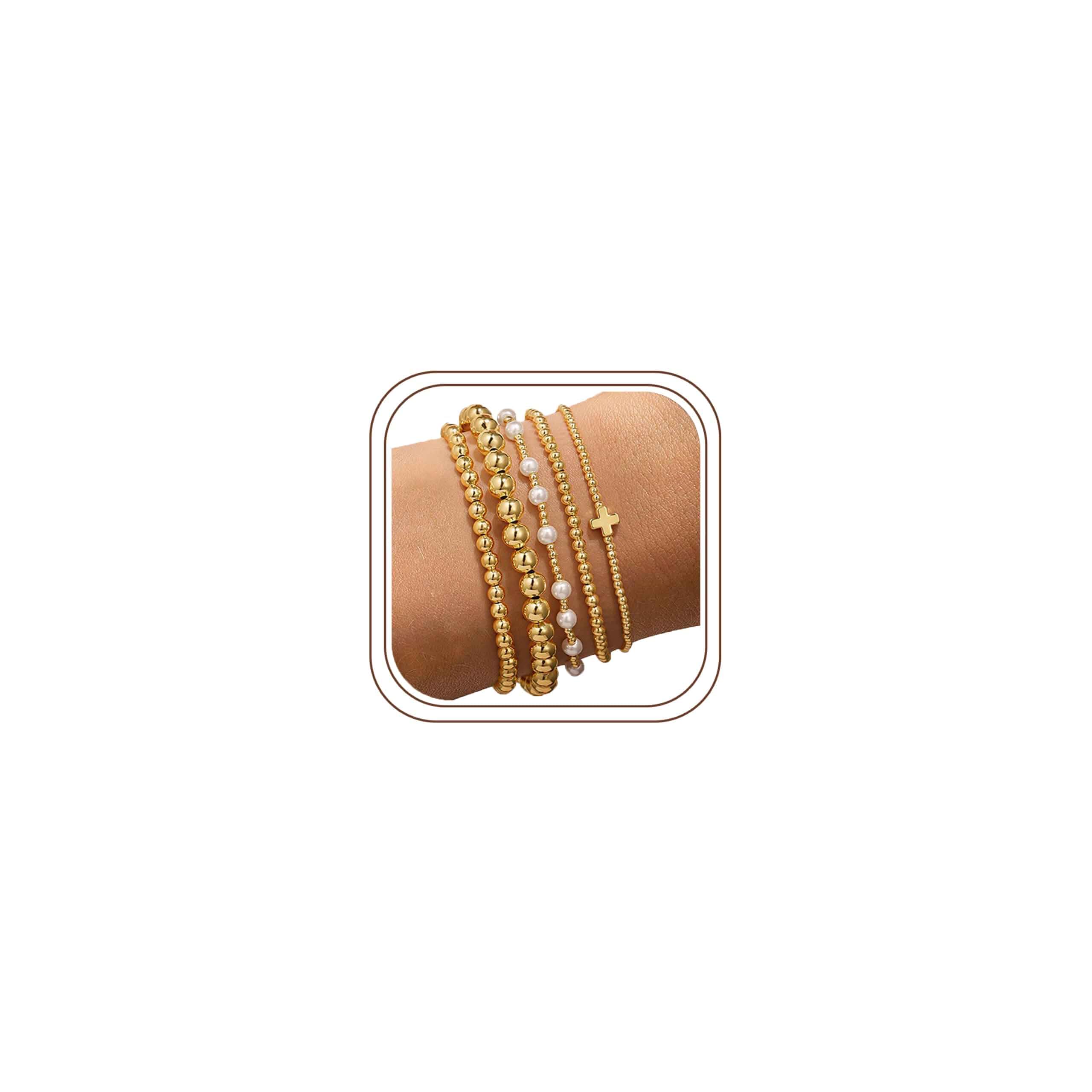 Yoosteel Gold Beaded Bracelets for Women Teen Girls, Gold Plated Jewelry Gold Stackable Stretch Bracelets, Dainty Round Beaded Pearl Cross Bracelet Stack, Women Teenage Girls Birthday Gifts Jewelry