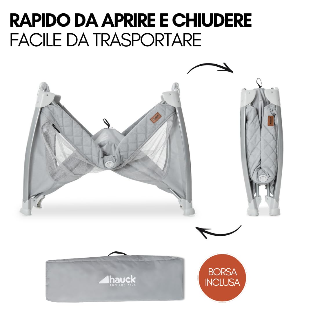 hauck Lettino Da Viaggio Play N Relax Center Set con Materasso Comfort e Zanzariera - Culla Neonato 120x60cm con 2 Livello, Fasciatoio, Borsa e Apertura - (Apertura laterale, Grigio melange)