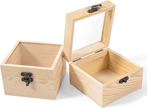 2 cajas pequeñas de madera con tapa con bisagras, caja de madera sin terminar con tapa de vidrio, pequeña caja de joyería de madera para regalo,