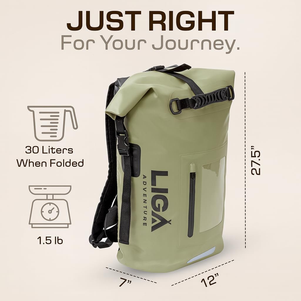 LIGA Waterproof Duffel Bag Backpack, 30L Heavy Duty Roll-Top Closure Travel Backpack, Cushioned Dry Storage Bag for Hiking, Kayak, Travel, Biking, Camping, Fishing (Green) - Image 2