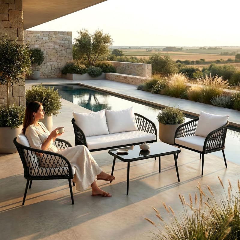 Image of OUTLIVING Braid Rope & Metal Frame Outdoor 4-Seater Sofa Set with Tempered Glass Top Center Table, Water-Repellent Cushions & Handwoven Design for Patio, Garden and Balcony (Black and White)