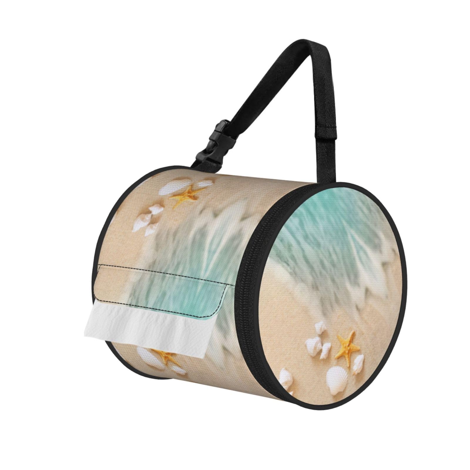 Jiuty Black Beach Shell Starfish Print Cylinder Tissue Organizer Bag With Strap, Portable Toilet Roll Holder For Camping Car