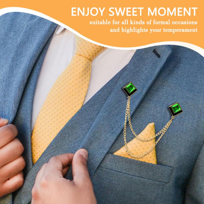 Image of Gem Brooch Pins Hanging Chain Lapel Pin for Men Suits Shirt Collar Brooch Square Crystal Brooch Pin Rhinestone Lapel Pins for Men Tassel Chain Brooch Collar Pins Business Suit Shirt Accessories