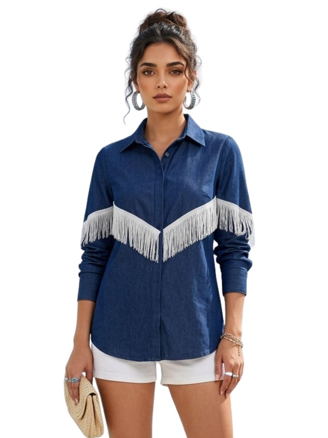 Women's Blue Denim Shirt Top with Fringe Tassel Detailing and Collared Neck | Relaxed Fit Top with Full Sleeves | Ideal for Casual Wear, Outings and Vacation Wear-picture-51