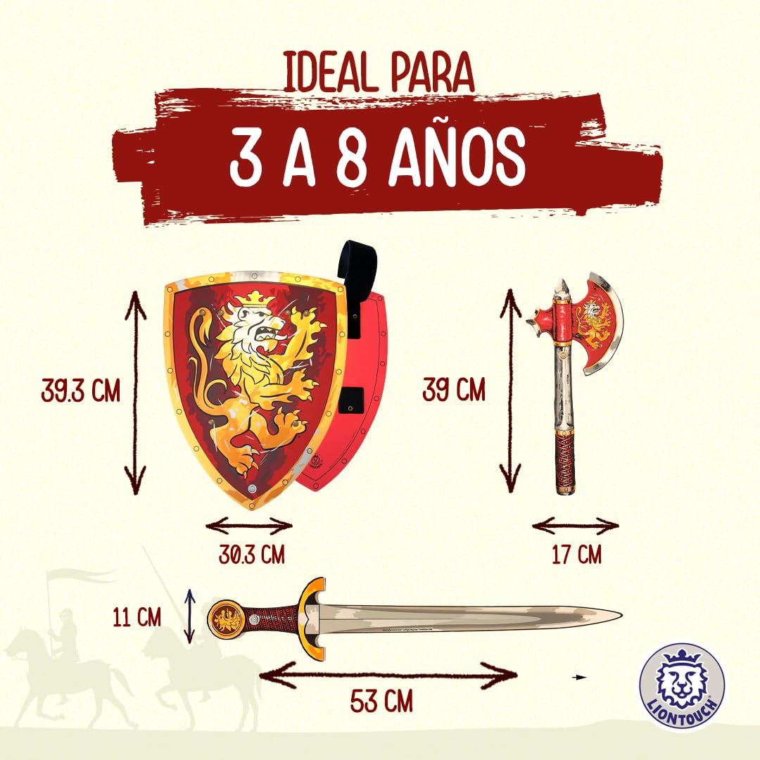 Liontouch - Espada, Escudo y Hacha Roja de Caballero Noble, Niños Edades de 3-8 Años | Set de Espuma de Tema Medieval de León Dorado | Accesorio Seguro para Batallas, Disfraces y Trajes de Caballero