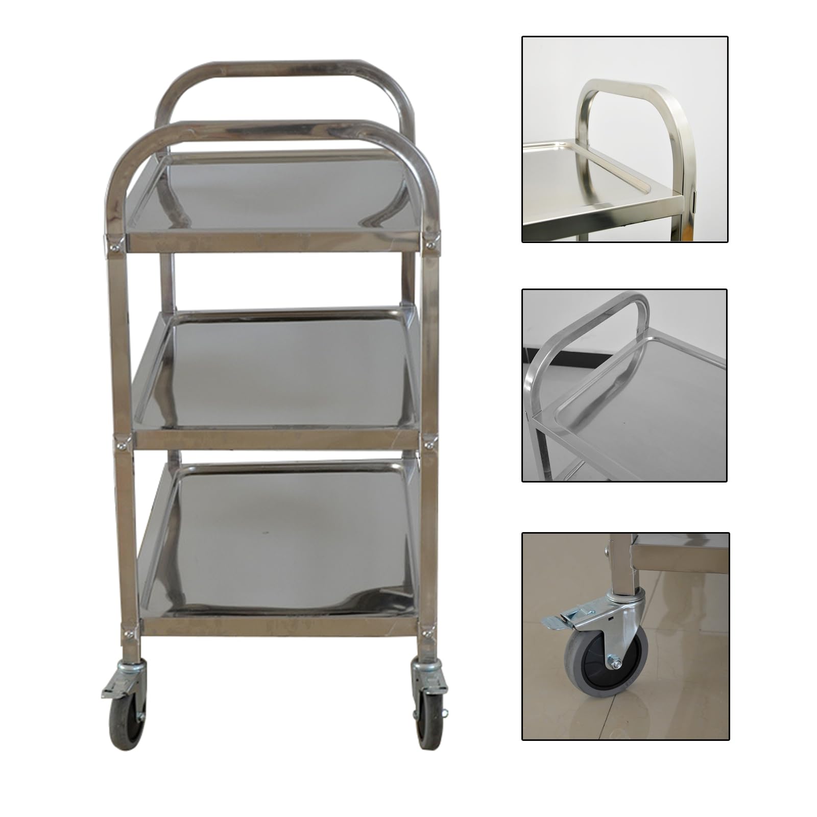 Carrello da catering a 3 livelli in acciaio inox con ruote, carrello multiuso per cucina, casa, ristorante, carrello da portata (950 x 500 x 950 mm)