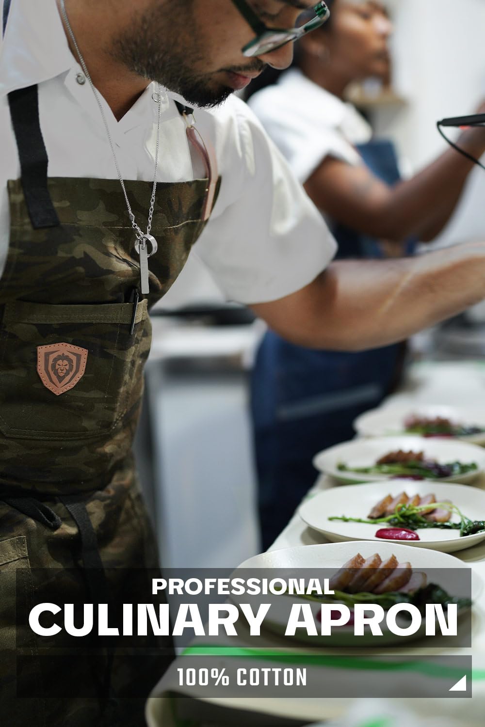 DALSTRONG Professionelle Kochschürze - mit 4 Taschen - wasserabweisend - Details aus echtem Leder - verstellbare Gurte - 100% Poly-Baumwolle Camouflage Muster