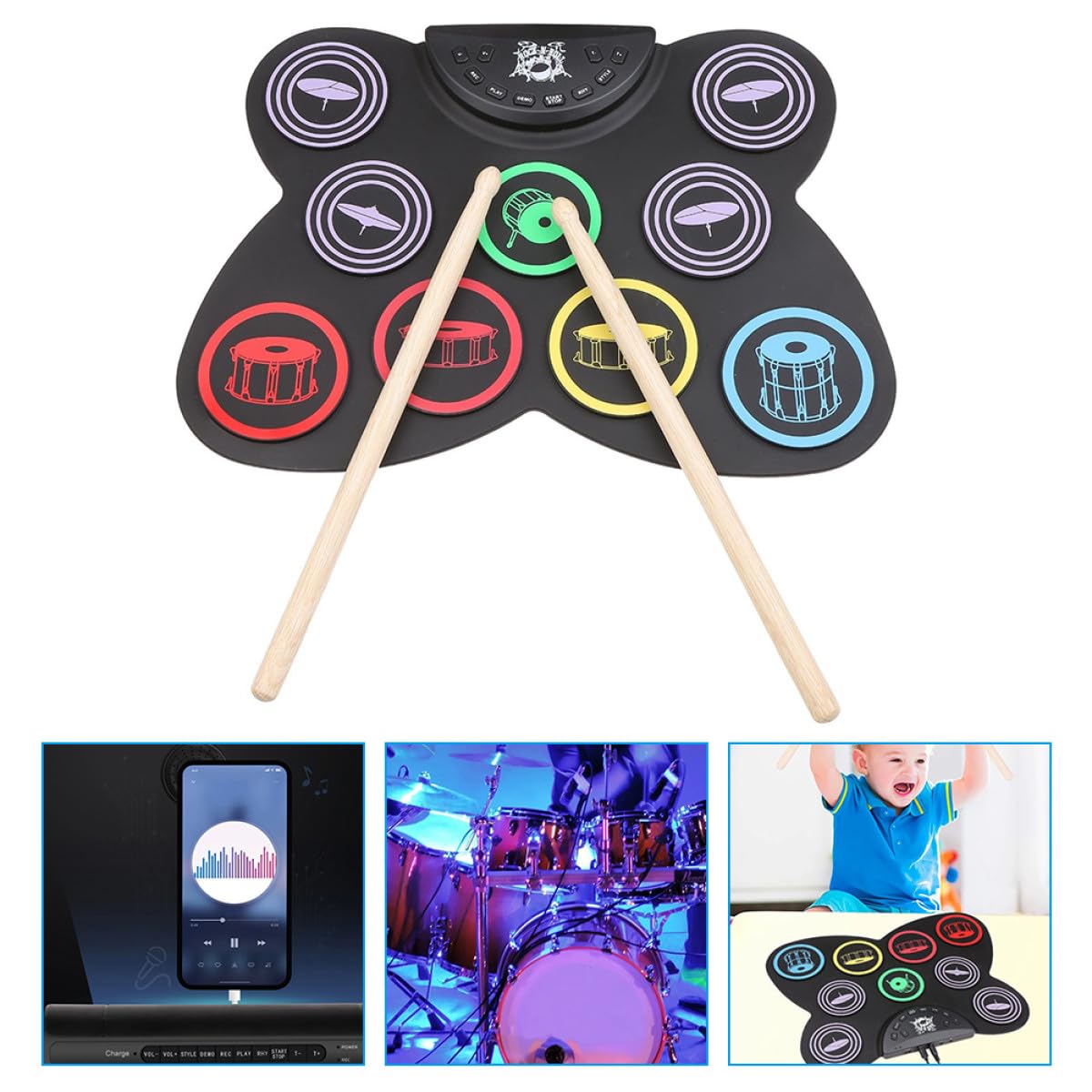 Alipis Set Batteria Elettronica Arrotolabile in Silicone 9 Pad Kit Batteria Pieghevole USB Portatile per e Principianti Strumento Musicale da Allenamento per Casa Scuola e Viaggi