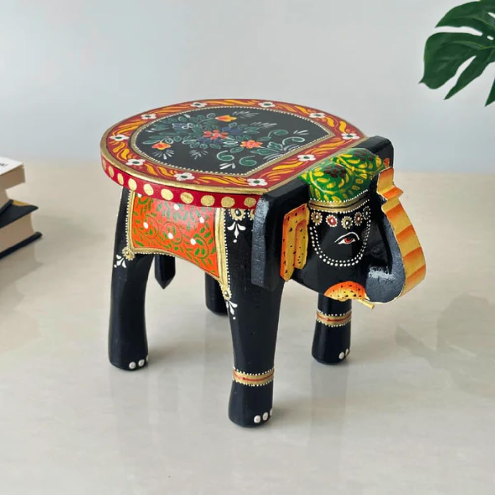 Wooden Elephant Stool (8 Inches) – Handcrafted Decorative Elephant Shape Stool, Small Side Table, Plant Stand & Home Décor Furniture for Living Room, Office & Kids Room (White_Gold)-image-4