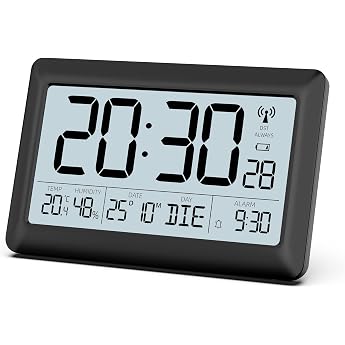 LATEC Digital Wall Clock with Temperature Display and Humidity Display, Radio-Controlled Digital Clock with Backlight, Date, 
