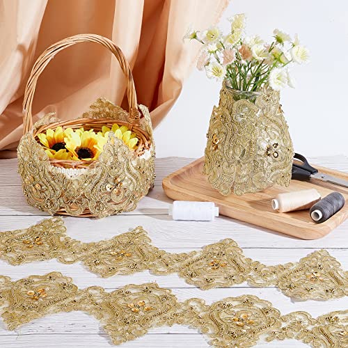 Arricraft 3 Yards Beaded Lace Trim, 4.9" Sequinned Flower Pattern Ribbon Champagne Yellow Sewing Lace Edging For Diy Decoration Clothes Embroidery #TOP5