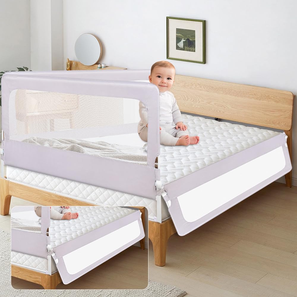 Barrera de cama infantil abatible, tela Oxford, barrera de seguridad infantil, diseño extra alto (gris, 180 x 70 x 26 cm)