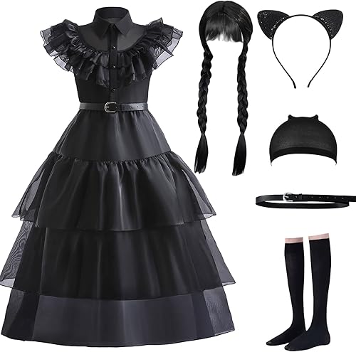 Disfraz de Halloween negro para niñas, cosplay, fiesta de Navidad, con pelucas, cinturón, calcetines, orejas de gato, diadema, gorra de peluca