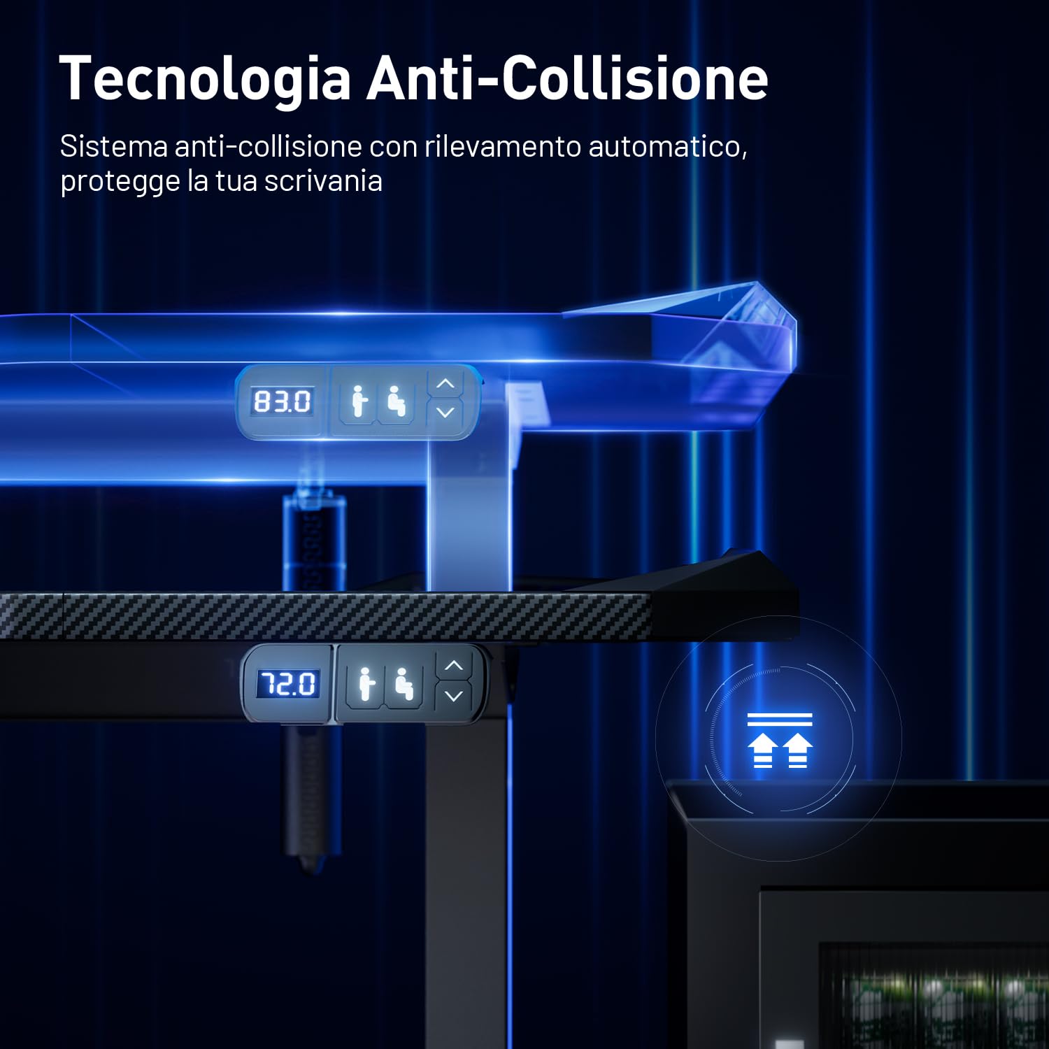 HLFURNIEU Scrivania Gaming LED 120 x 60 cm, Scrivania Regolabile in Altezza, con 2 Controlli Memoria, Altezza Aegolabile, Superficie in Fibra di Carbonio, Facile da Montare, Nero