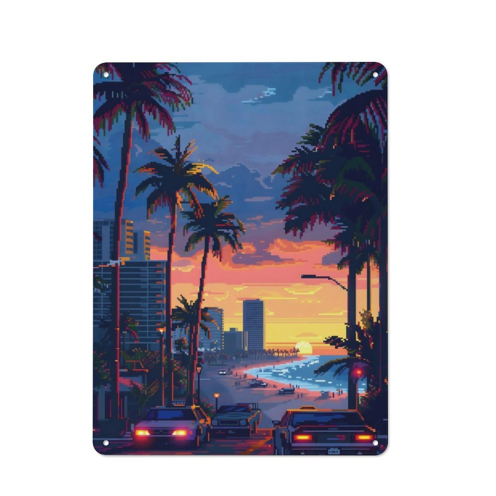 Junmoney Sunset Miami Pixel Art Rustic Tin Sign 40X30cm For Café Or Restaurant, A Decorative Christmas Gift For Hospitality Interior Collectors