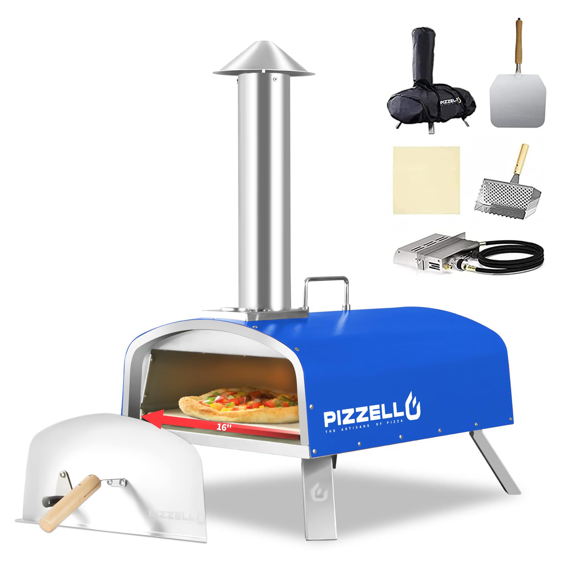 Amazon.com: PIZZELLO 16 Outdoor Pizza Oven Propane u0026 Wood Fired Stainless  Steel Pizza Grill with Gas Burner, Wood Tray Pizza Stone, Pizza Peel, Carry  Bag, Pizzello Forte Gas (Blue) : Patio, Lawn