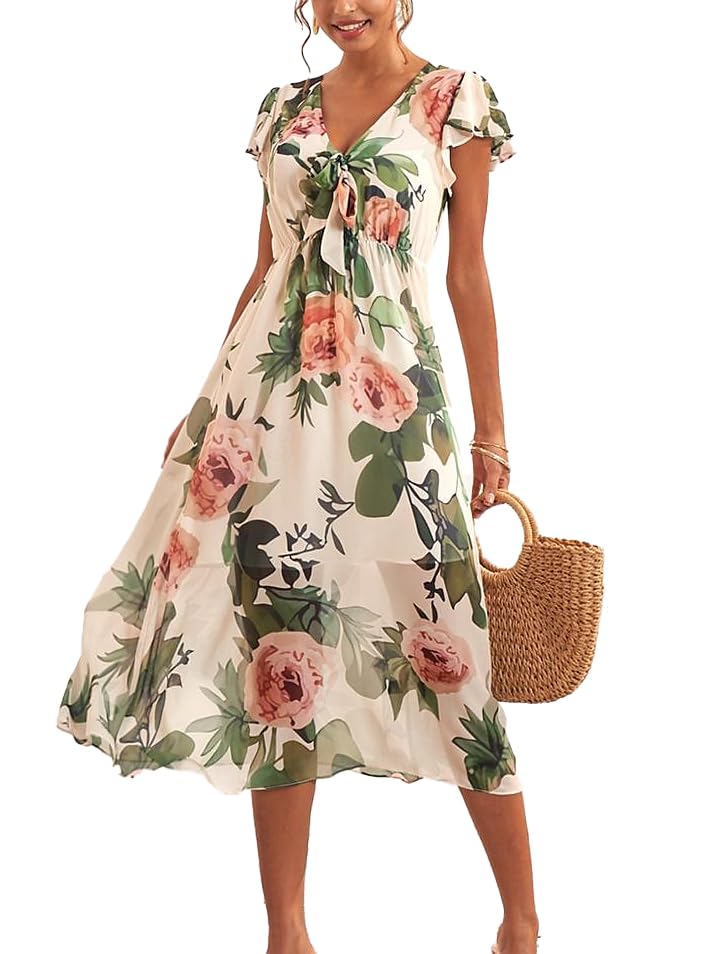 Floral Summer Midi Dress, V-Neck, Flutter Sleeves, White with Pink Roses, Tie Front