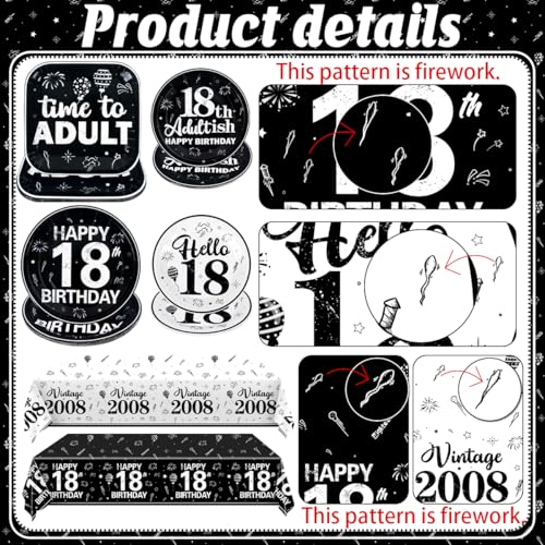 18th Birthday Decorations for Boys Girls Time To Adult 18 Years Old Banner Black White 18th Birthday Plates Napkins Tablecloth Straight Outta 2008 Cake Topper for 18th Birthday Party Supplies,Serve 26 — view 4