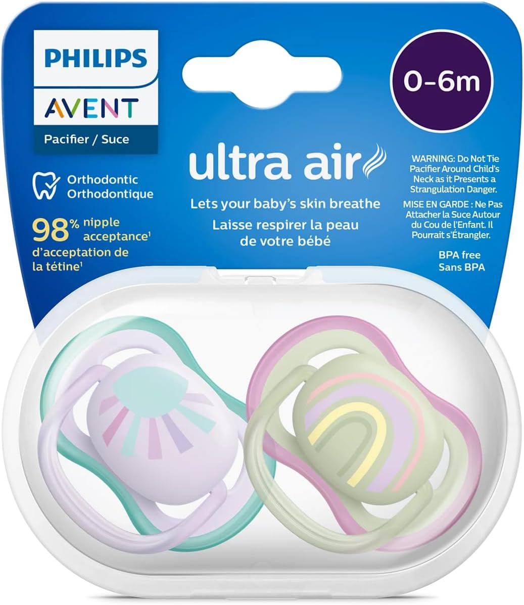 Philips Avent Ultra Air Soother - 2 x Light, Breathable Baby Soothers for Babies Aged 0‑6 Months, BPA-Free with Steriliser Carry Case (SCF085/59)