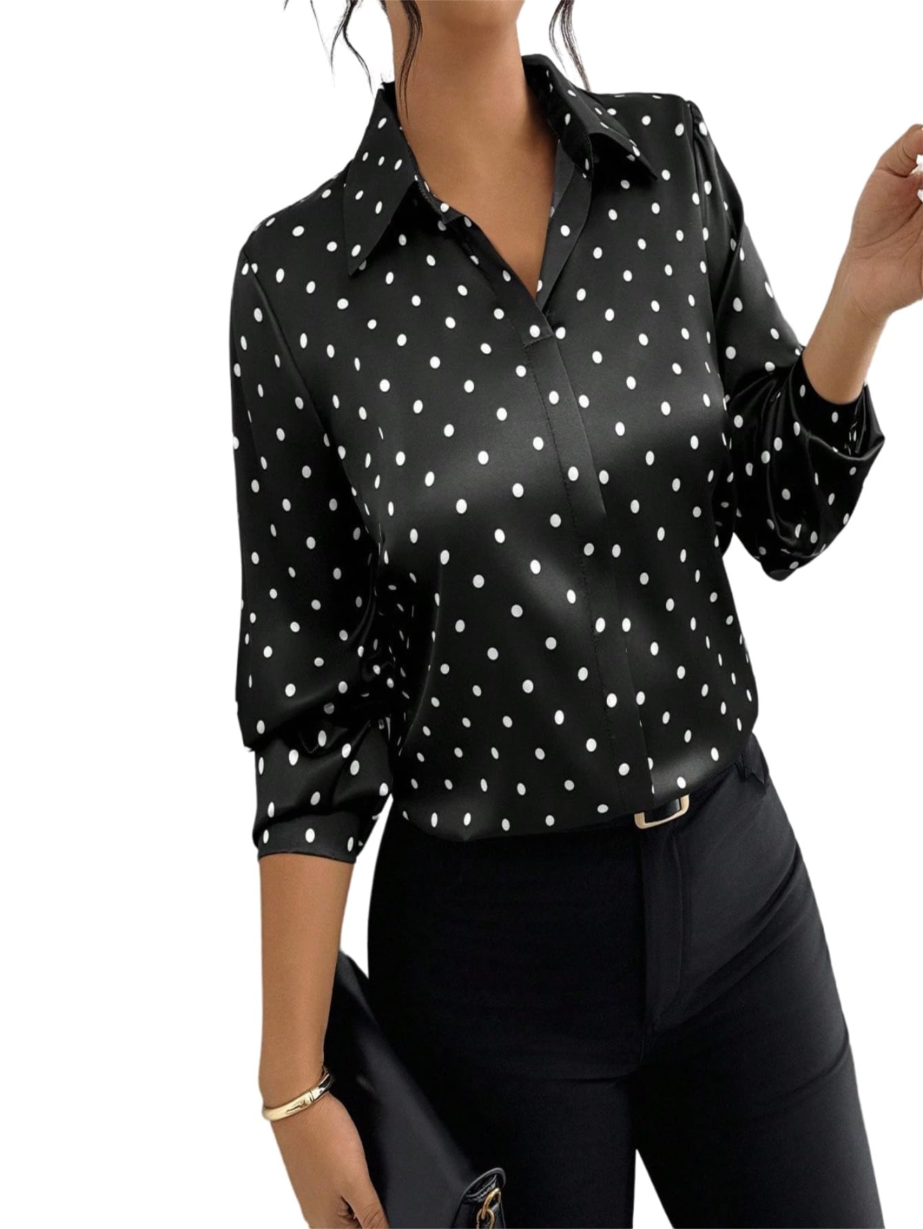 GORGLITTER Chemisier en satin pour femme - Grandes tailles - Chemise avec motif à pois - Col de chemise - Chemisier à manches longues