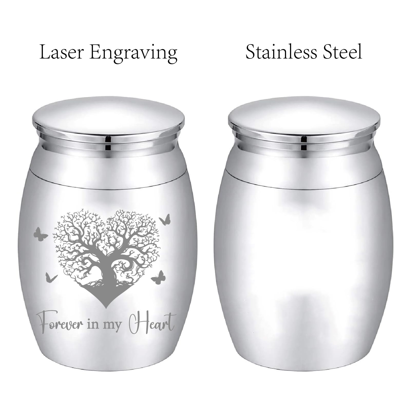 CREATCABIN Small Tree of Life Urn Forever in My Heart Urn Silver Metal Alloy Human Pet Memorial Butterfly Cremation Ashes Keepsake Holder Container with Bag Spoon Cloth for Funeral Burial 1.6" x 1.2" - Image 3