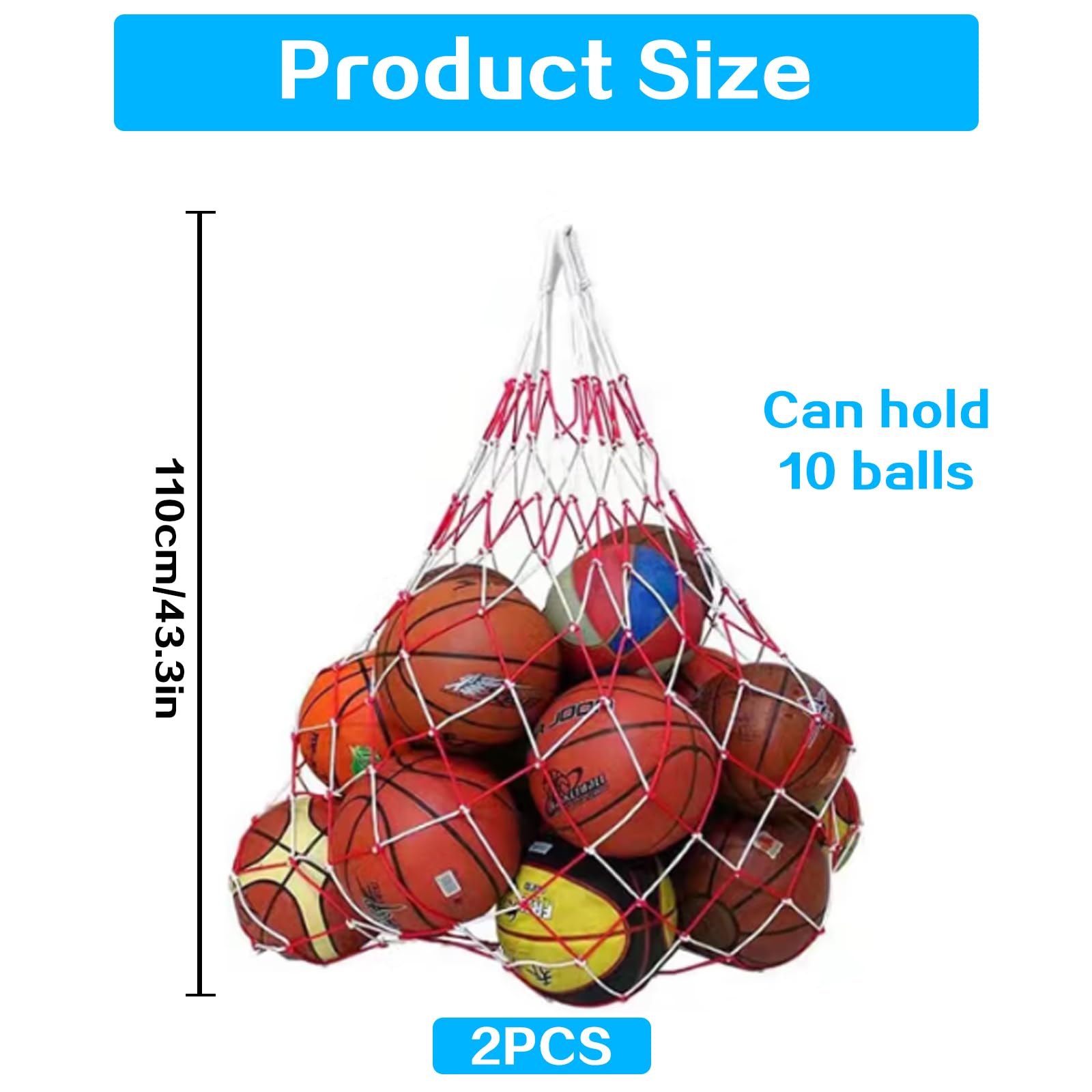 Lot de 2 filets de basket-ball, de football pour 7 à 18 balles, sac en filet de football, sac en filet portable, en nylon, multi-usages, pour basket-ball, volley-ball, football, carry net