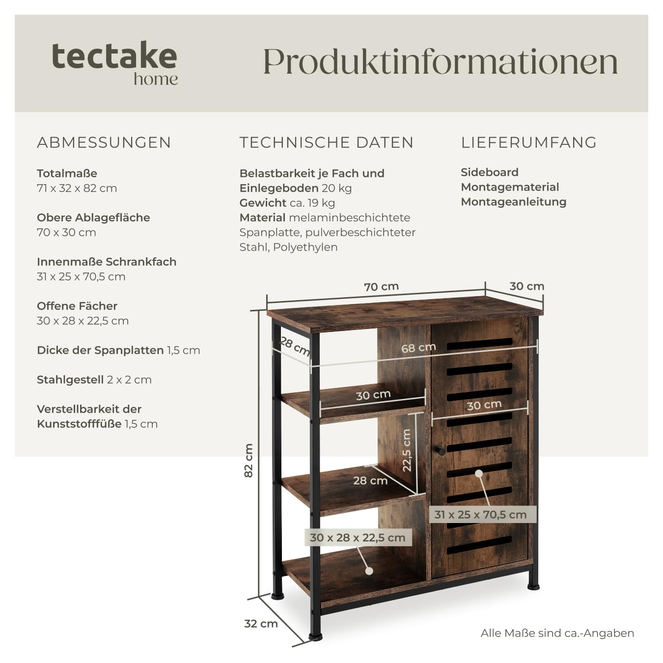 tectake® Industrial Sideboard, Kommode Schlafzimmer mit 3 Fächern und Schrankfach, TV Schrank 71 x 32 x 82 cm, Flur Möbel, Wohnzimmerschrank, Cabinet (Tür rechts, Industrial Dunkelbraun)