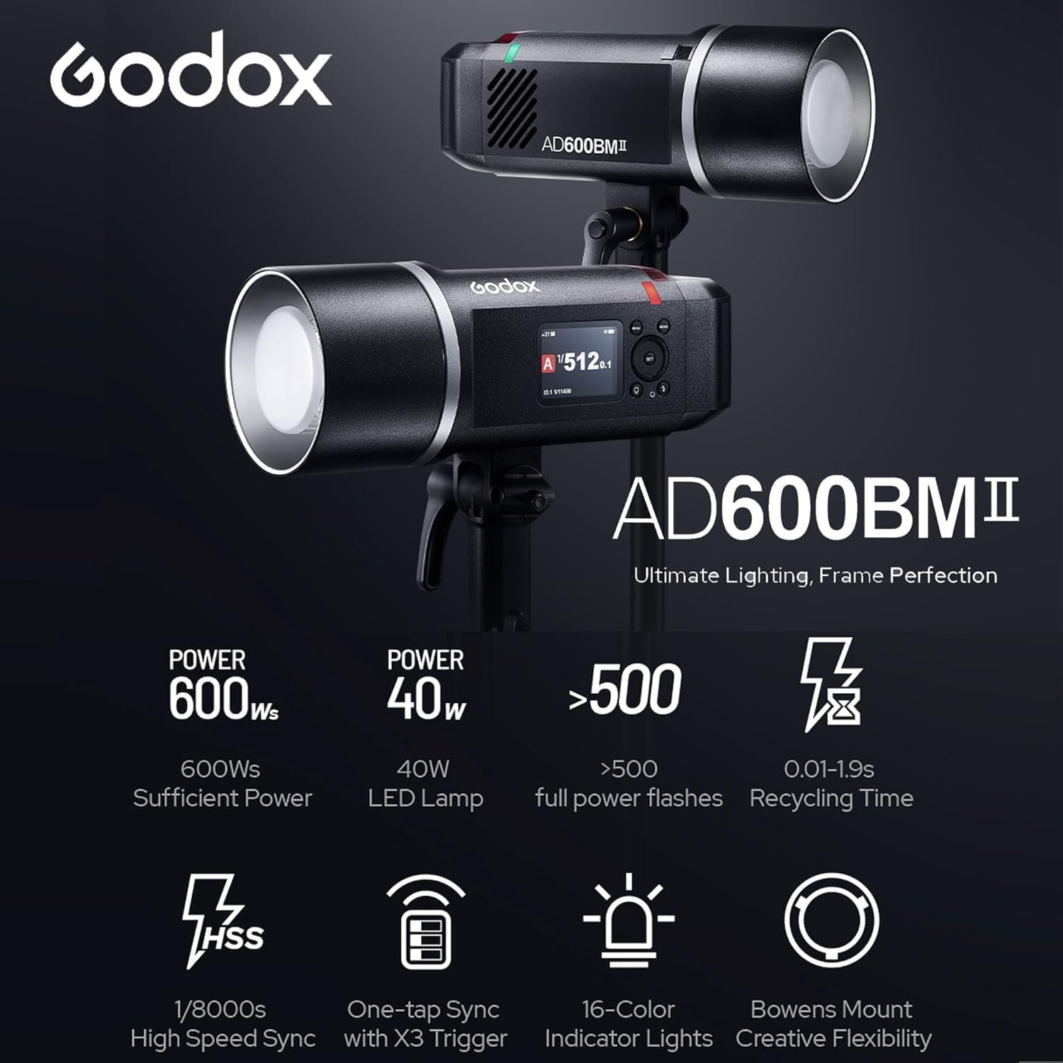 GODOX AD600 AD600BM II Outdoor Flash Strobe Monolight, Bowens Mount 600Ws 2.4G 1/8000s HSS GN87,40W 4800K±300K Modeling Light,16 Color Group Indicator, AD600BMII Speedlite for Canon Nikon Sony Camera