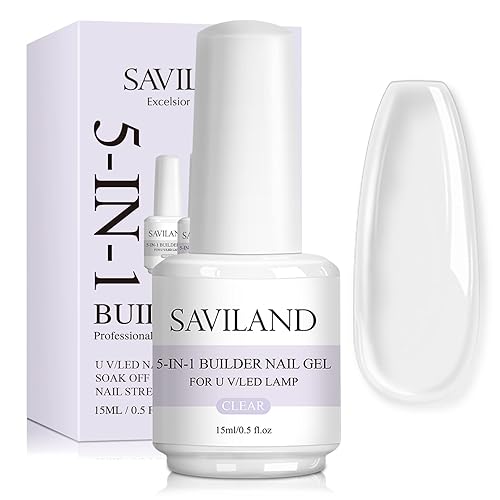 SAVILAND Gel de base transparente 5 en 1 de 0.5fl oz, fortalecedor de uñas de construcción rápida, gel U VLED para reparación de uñas rotas,