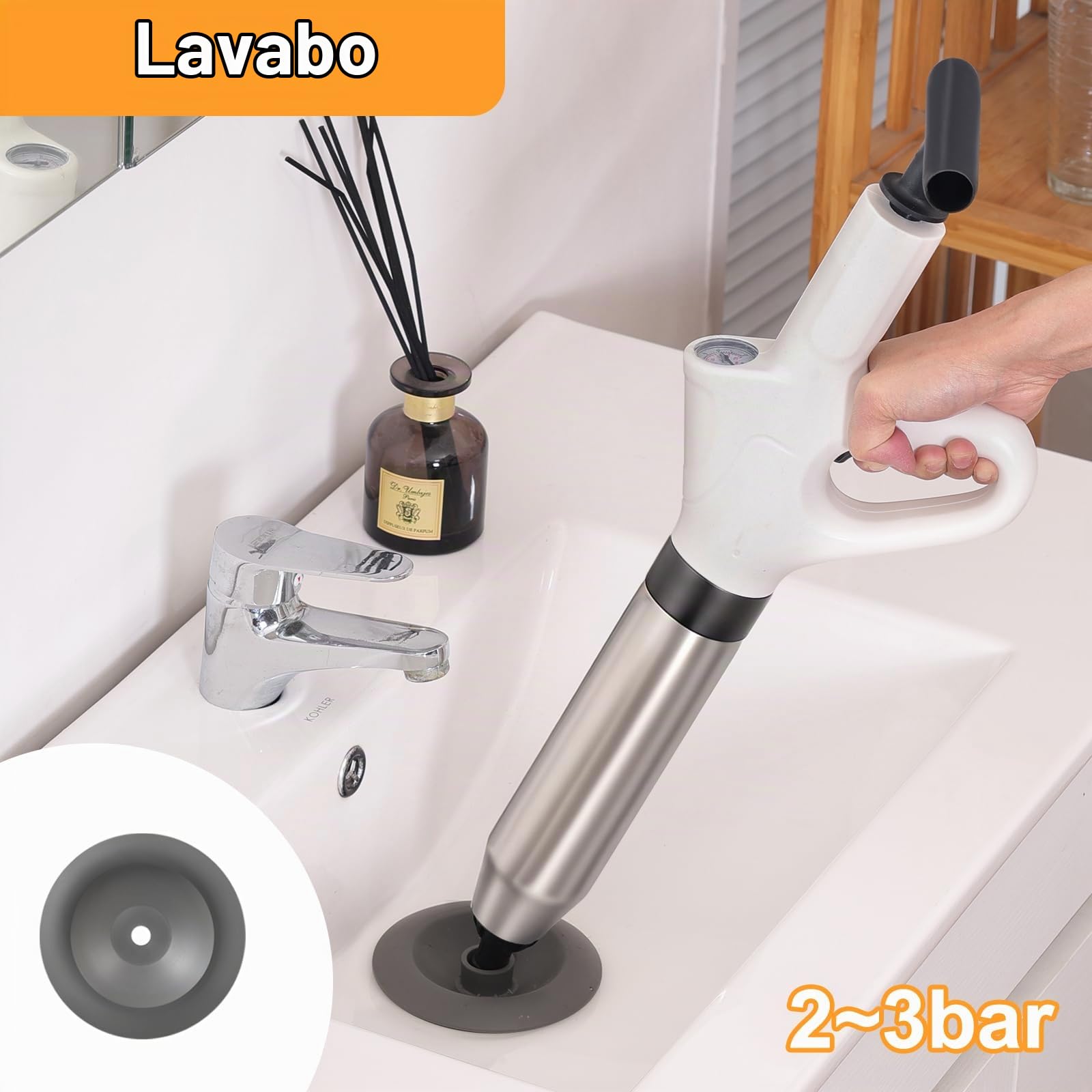 Pompa Stura Scarichi a Pressione, Sturatubi Aria Compressa con Barometro, Sturalavandini a Pressione con Quattro Diverse Ventose per Bagni Servizi Igienici Lavabi