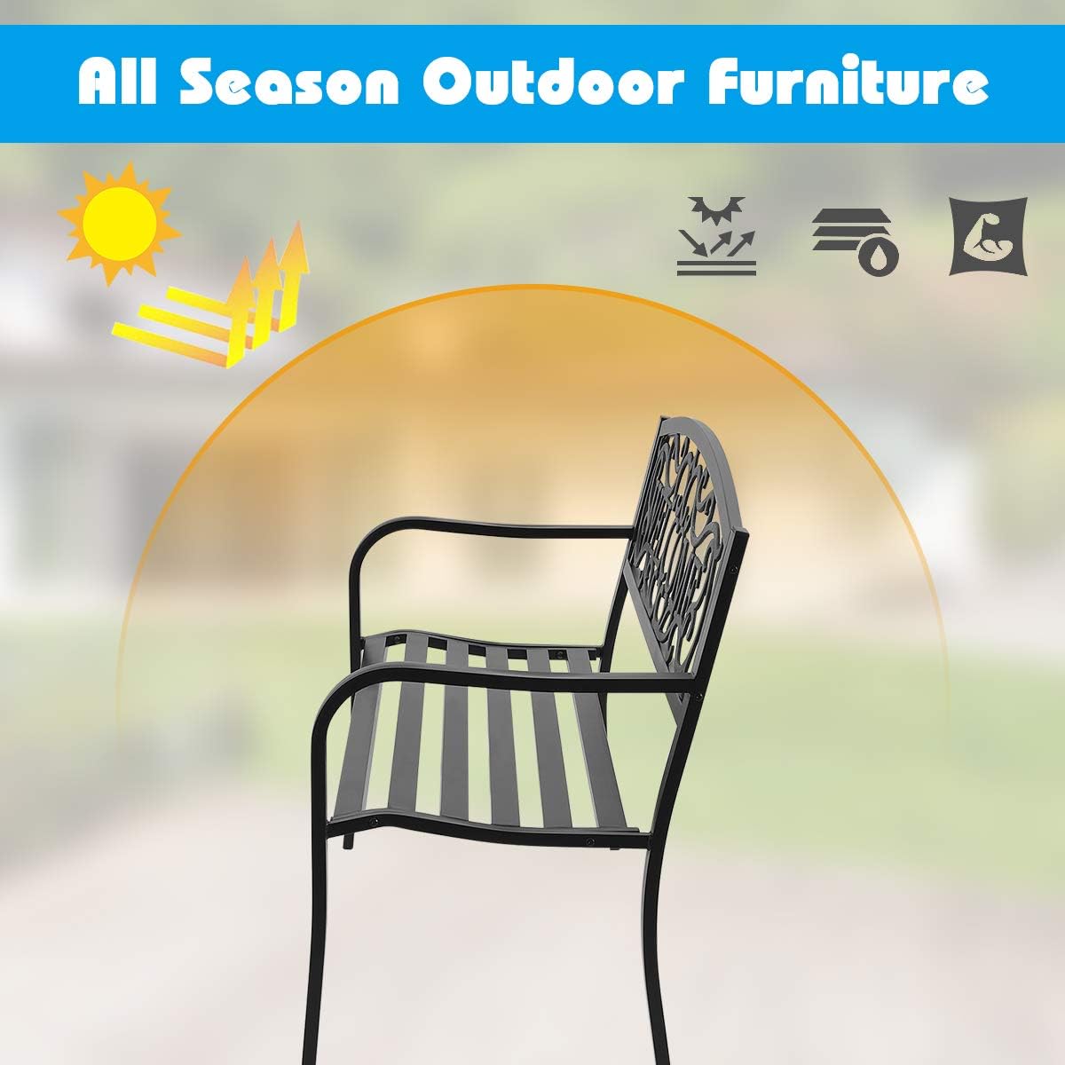 S AFSTAR Black Metal Garden Bench, Sturdy Anti-rust Steel Frame, Comfortable 50" Seat for 2-3 People, Perfect for Outdoors
