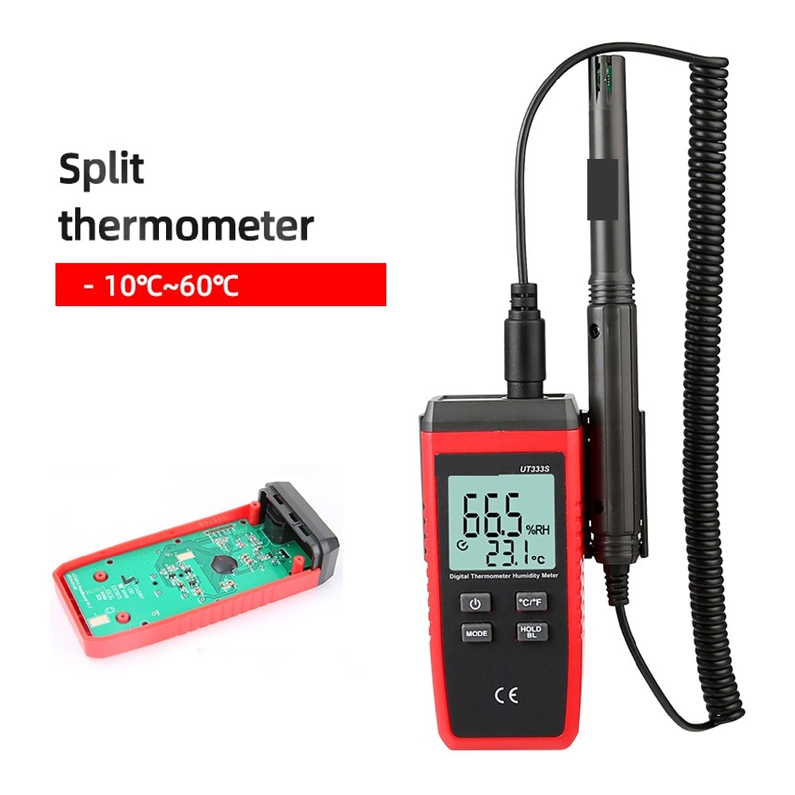 Medidor de temperatura y humedad UT333S, termómetro higrómetro digital 2 en 1, sensor de temperatura y humedad de tipo dividido.