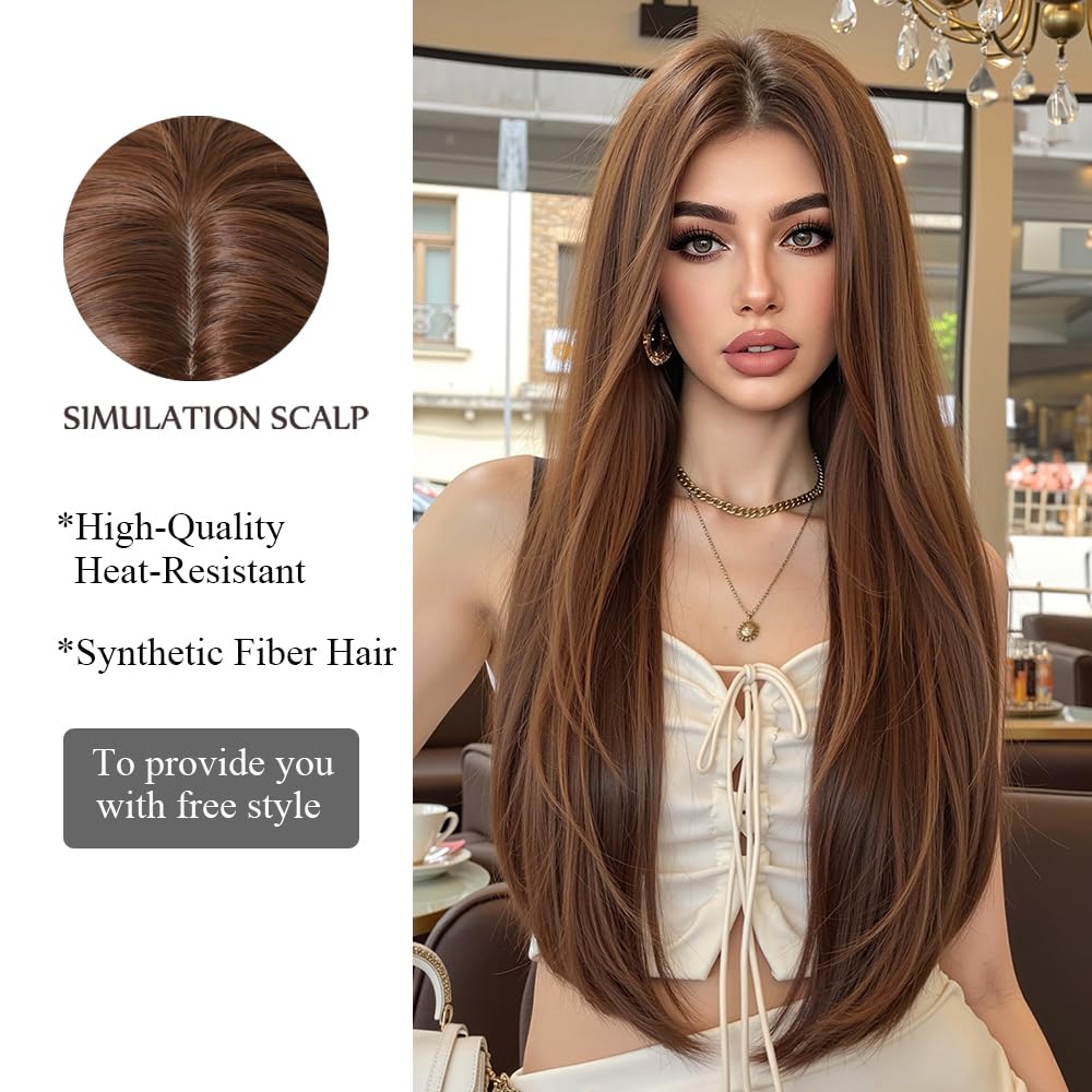 OUFEI Brown Wigs for Women Long Natural Straight Synthetic Hair Heat Resistant Wigs for Daily Party Cosplay Wear - Image 3