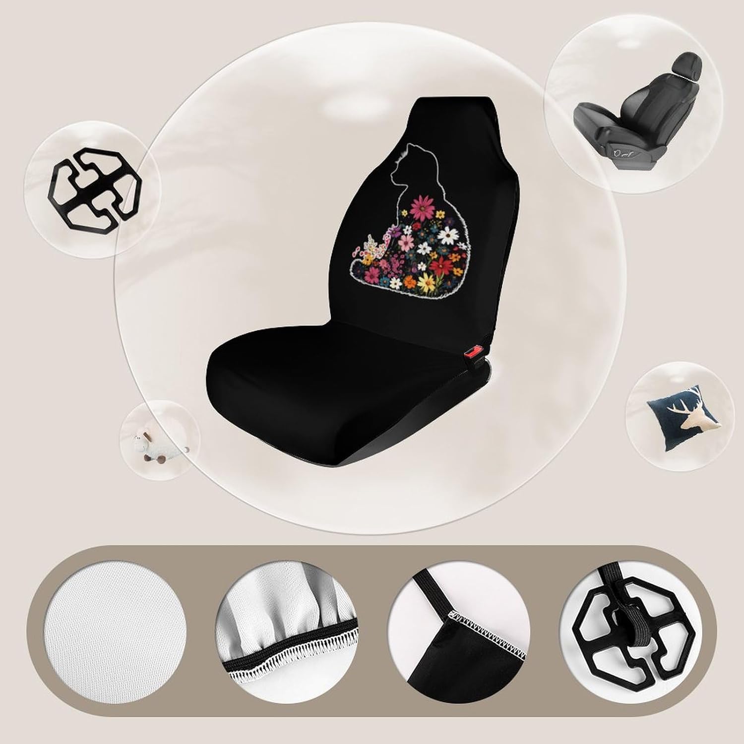 Cat Flowers Car Seat Covers Universal Car Front Seats Protector Auto Interior Accessories 1PCS