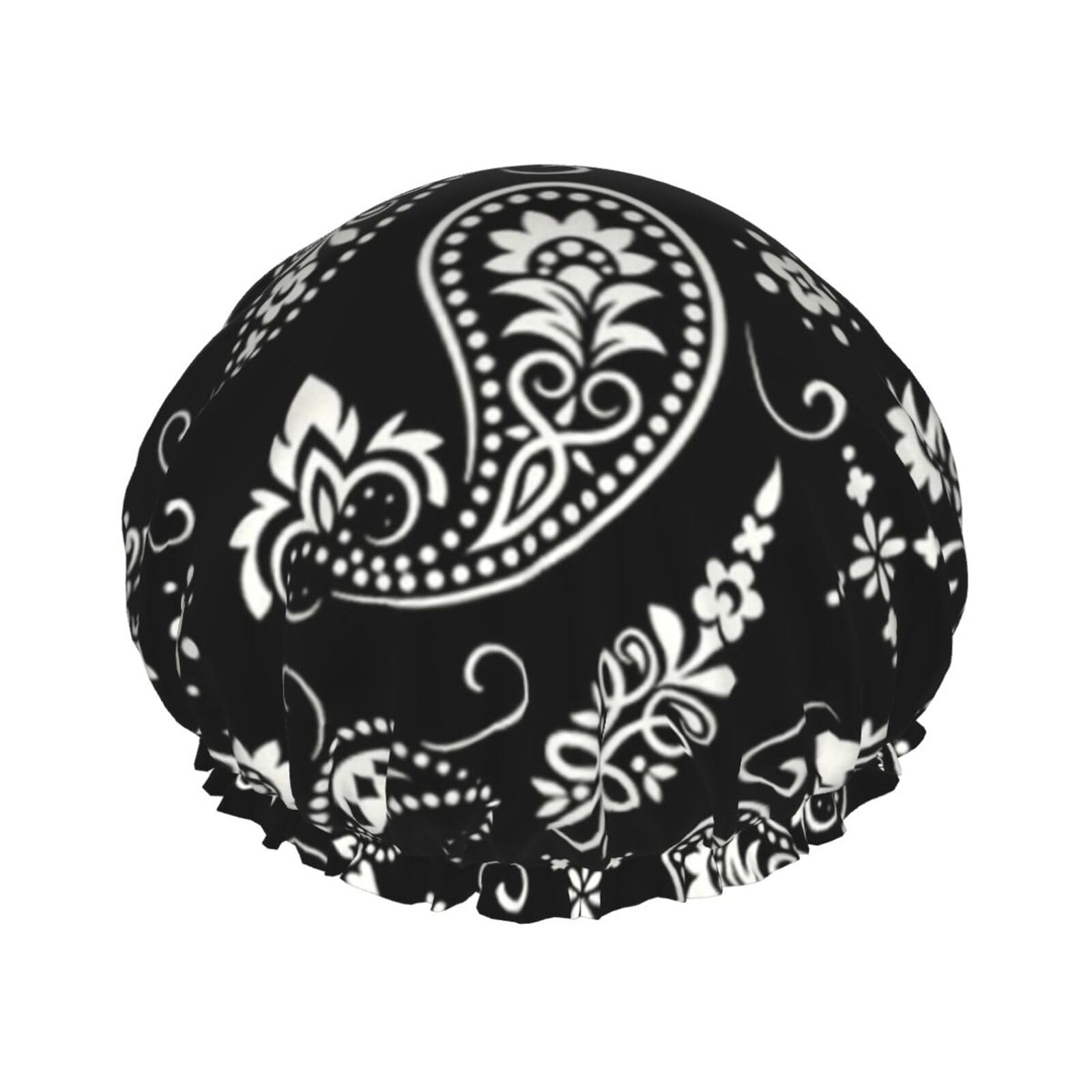 Bonnet de douche cachemire noir et blanc imperméable et ajustable pour cheveux