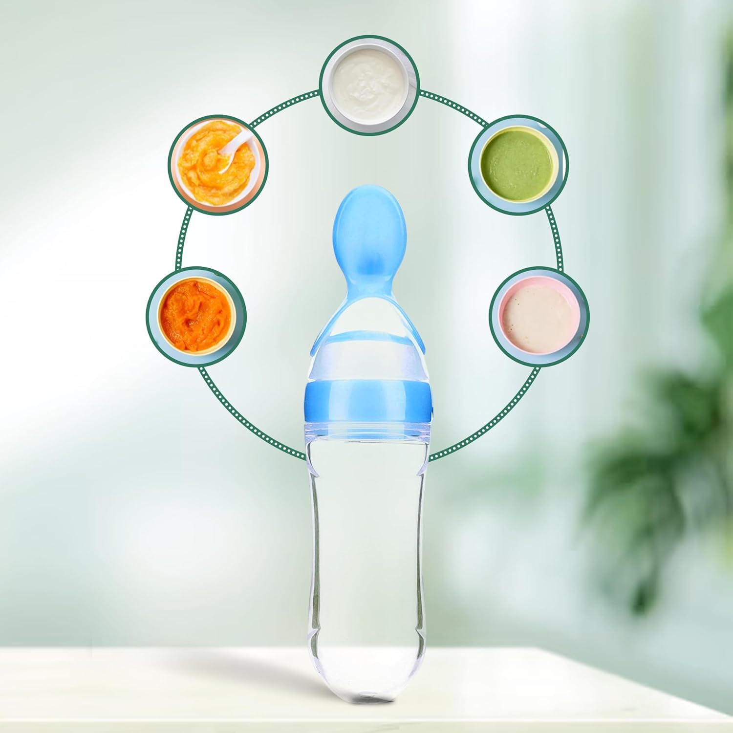 Baby Fruit Feeder Pacifier with Rattle (1 Pcs) with 1 PCS Silicone Food Dispensing Spoon 90ML and 1 pcs Fruit Teether 1pcs Finger Brush 1 pcs Baby bib 1 pcs Steel Bottle 240 ML (Blue) - Image 6 thumbnail