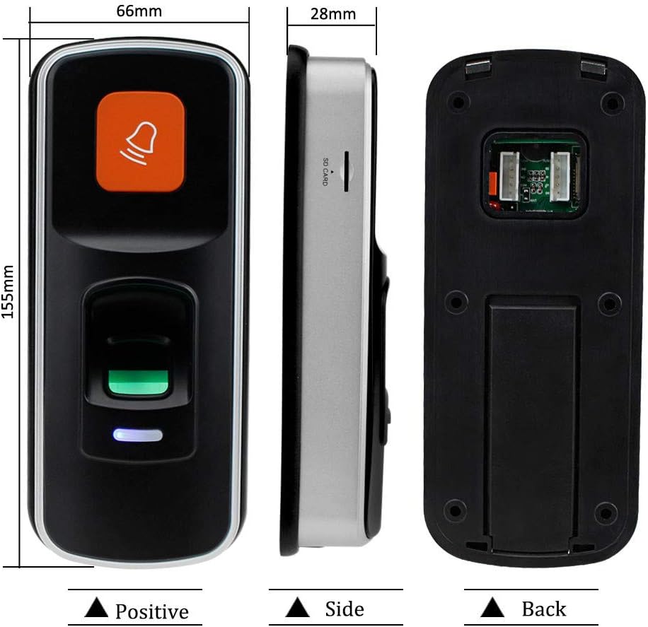 Diagram showing the dimensions of the Sebury NN99 access control device: 155mm height, 66mm width, and 28mm depth.