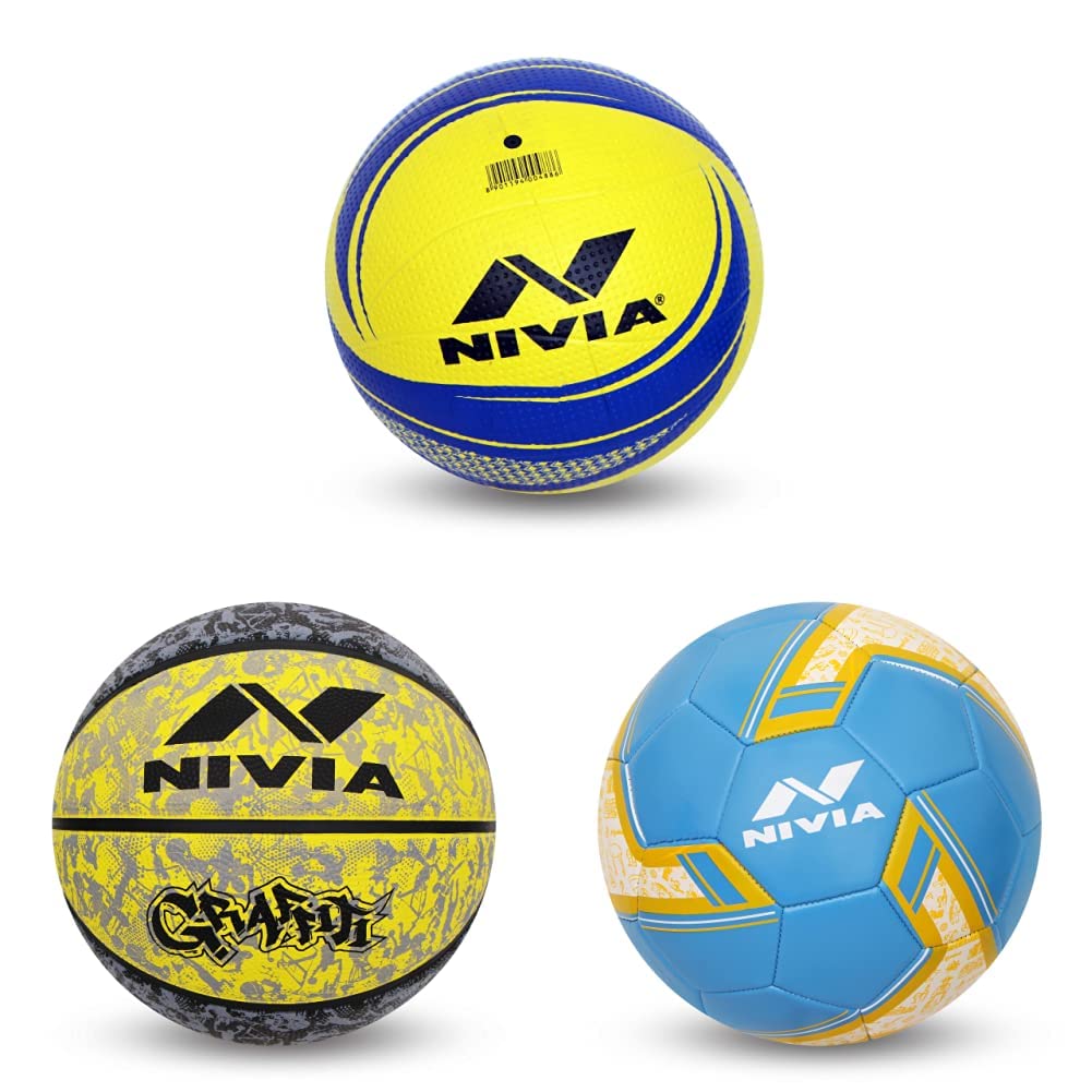 Nivia Craters Moulded Volleyball(Size 4, Yellow/Blue), Rubber & Spinner Machine Stitched Football, Size - 5 (Material: PVC & Rubber) Blue (Argentina) & Graffiti Basketball - Size: 7 (Yellow), Rubber (B09SSNDXDZ) Amazon Price History, Amazon Price Tracker