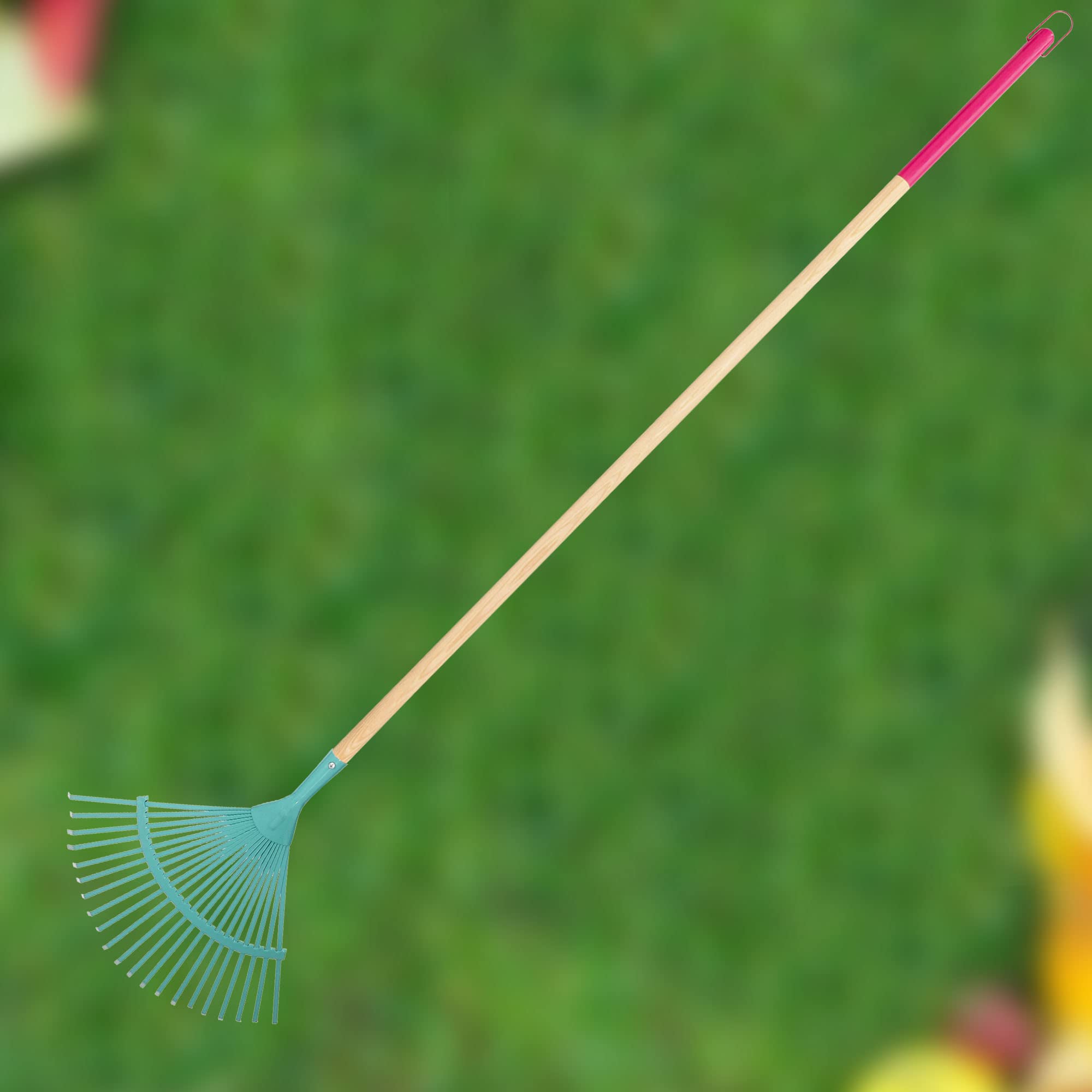 KOTARBAU® Rastrillo Jardín - Acero - 41 cm - Rastrillo Hojas Jardín - con Mango 187 cm - Herramienta Robusta para Jardinería - Turquesa y Madera Natural