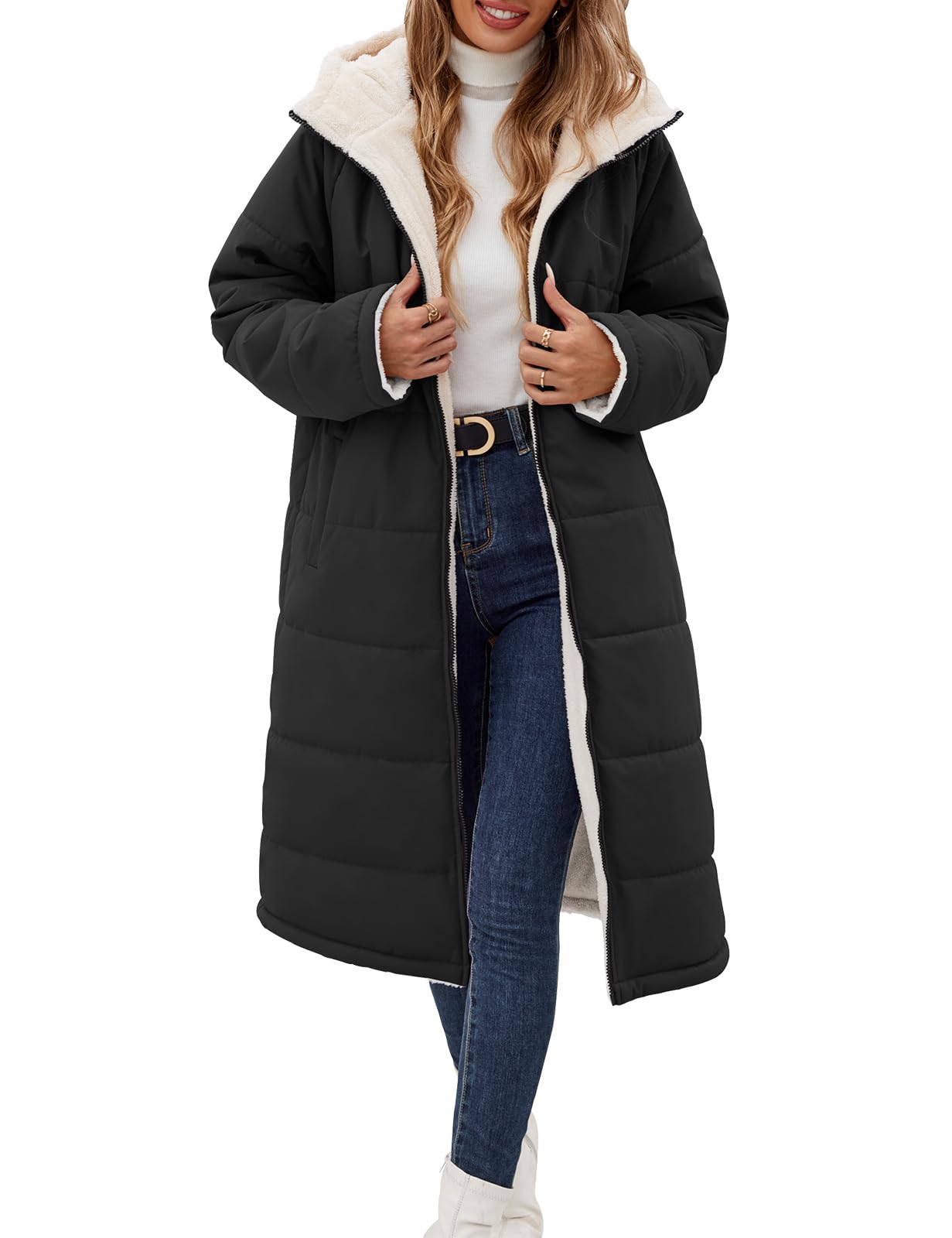 Tuopuda Manteau Femme Hiver Veste Polaire Chaud Parkas Blouson Zippée à Capuche Réversible Sherpa Casual Jacket Hooded Coat Sweat-Shirts Outercoat avec Poches