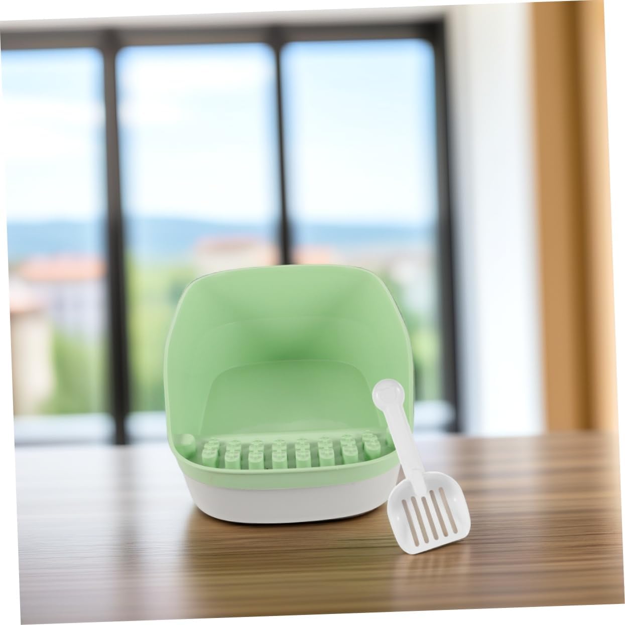 1set Household Cat Toilet with High Side Walls Spill Prevention Design Convenient Low Opening for Cats and Kittens Includes Litter Shovel Avocado