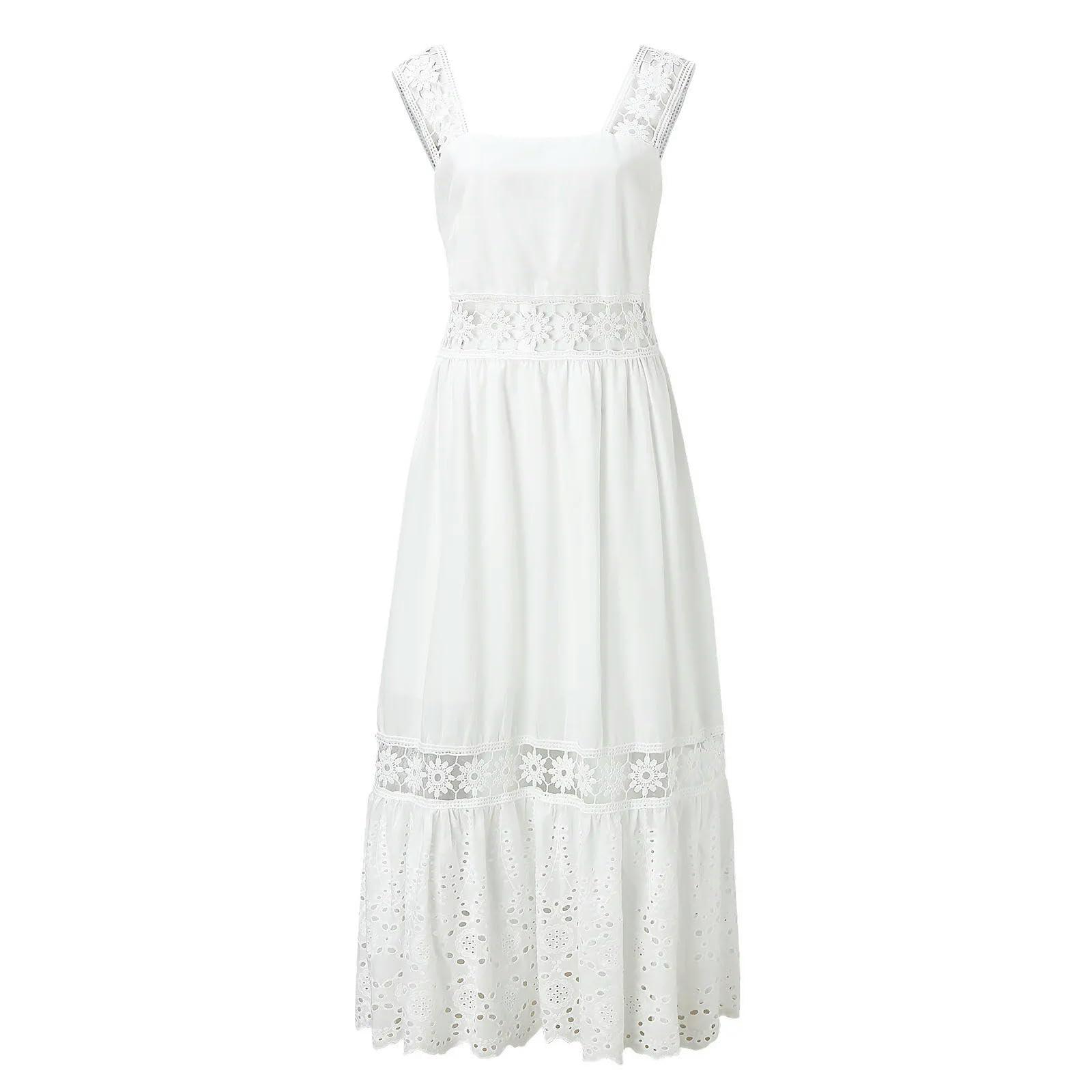 ARESU Dentelle Crochet Évider Robes Blanches Femmes sans Manches Dos Nu Vacances Décontracté Boho Robe Dames Lâche Plage Maxi Robe en Coton-Blanc-M