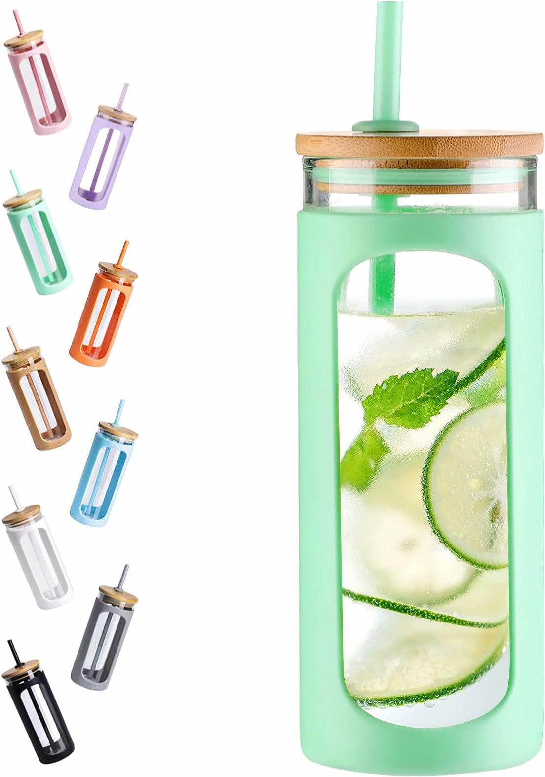 Kodrine 20oz Glass Water Tumbler with Straw and Lid, Bamboo Lids Water Bottle, Iced Coffee Cup Reusable, Wide Mouth Smoothie Cups with Protective Silicone Sleeve BPA FREE-Light Green
