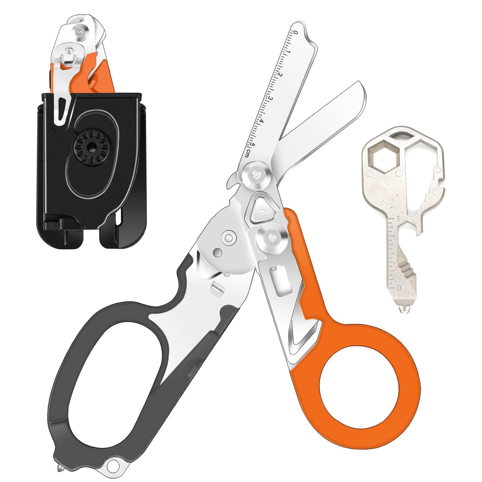 6 in 1 Traumaschere mit Schere, Zange & 24 in 1 Multifunktions-Schlüssel, Notfall-Schere mit Gurtschneider & Glasbrecher, Rettungsschere für Outdoor-Camping (Schwarz+Orange)