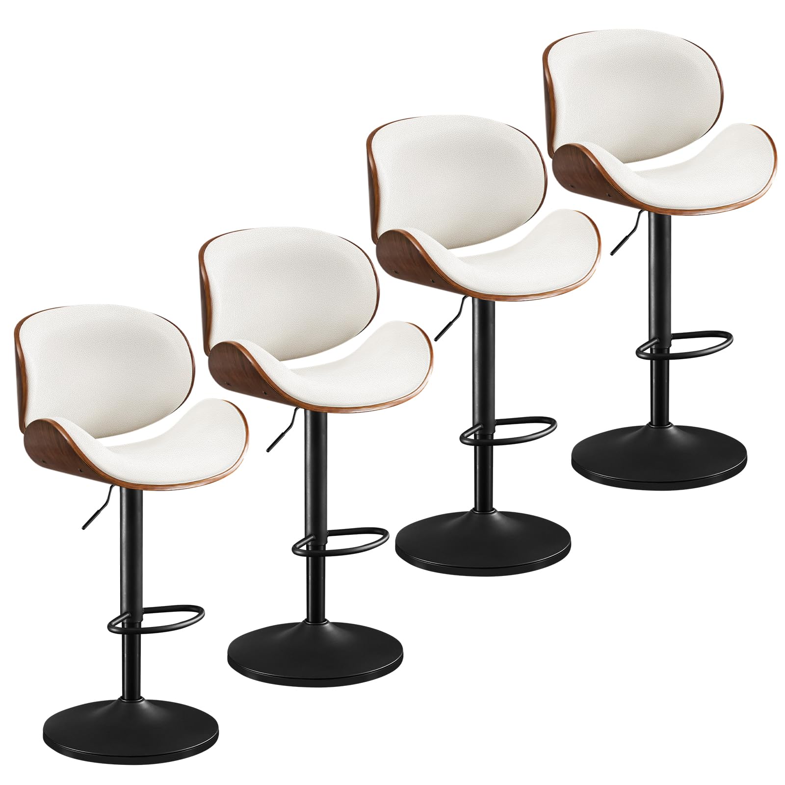 Furniliving Bar Stools Set of 4, Adjustable Height Swivel Bentwood Barstools, Upholstered Bar Chairs with Footrest, Ergonomic Modern Bar Stools for