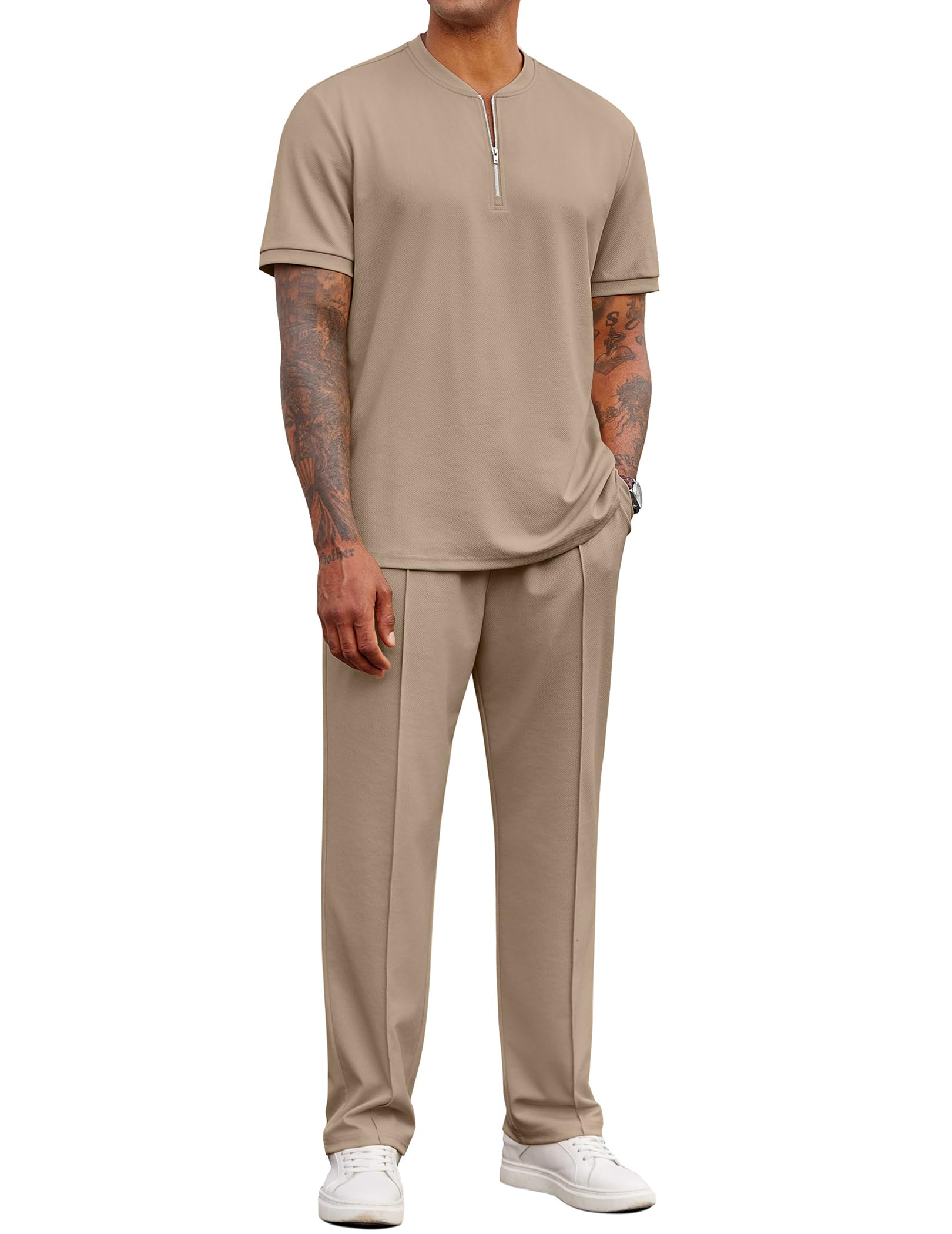 COOFANDY quarter-zip polo shirt and jogging pants summer tracksuit set in khaki